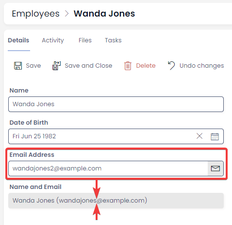 A screenshot demonstrating that changing data in a field does not mean that data is then integrated into the calculations of subquery and computed fields. The email field remains as it was. The email field is highlighted in red for demonstration purposes.